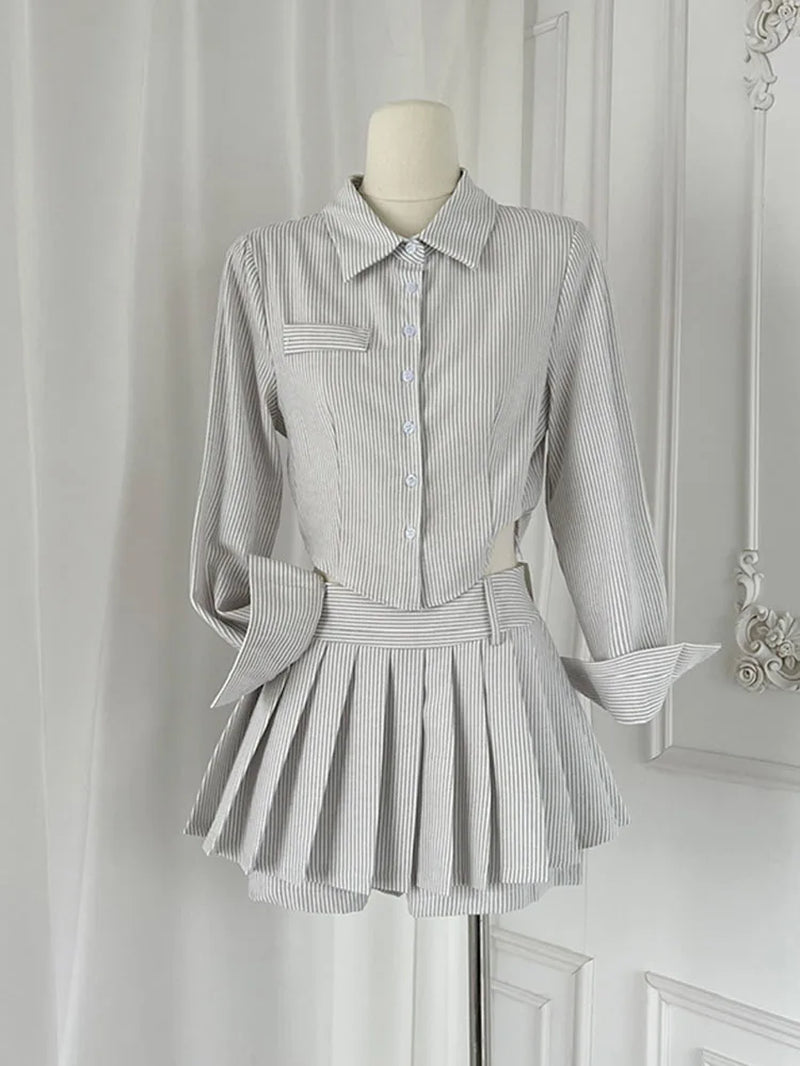 Preppy Style Outfits 2 Piece Skirt Set Gyaru Polo-Neck Striped Shirts Classical + Grey Hight Waist Pleated Skirt High Quality