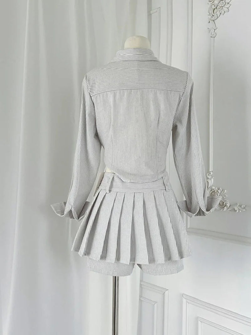 Preppy Style Outfits 2 Piece Skirt Set Gyaru Polo-Neck Striped Shirts Classical + Grey Hight Waist Pleated Skirt High Quality